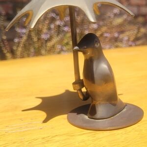 Vintage Solid Brass Penguin With Umbrella Paperweight